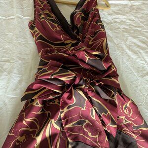 BCBGMAXAZRIA silk dress V-neck wraparound sash belt sz 10 claret & coffee floral